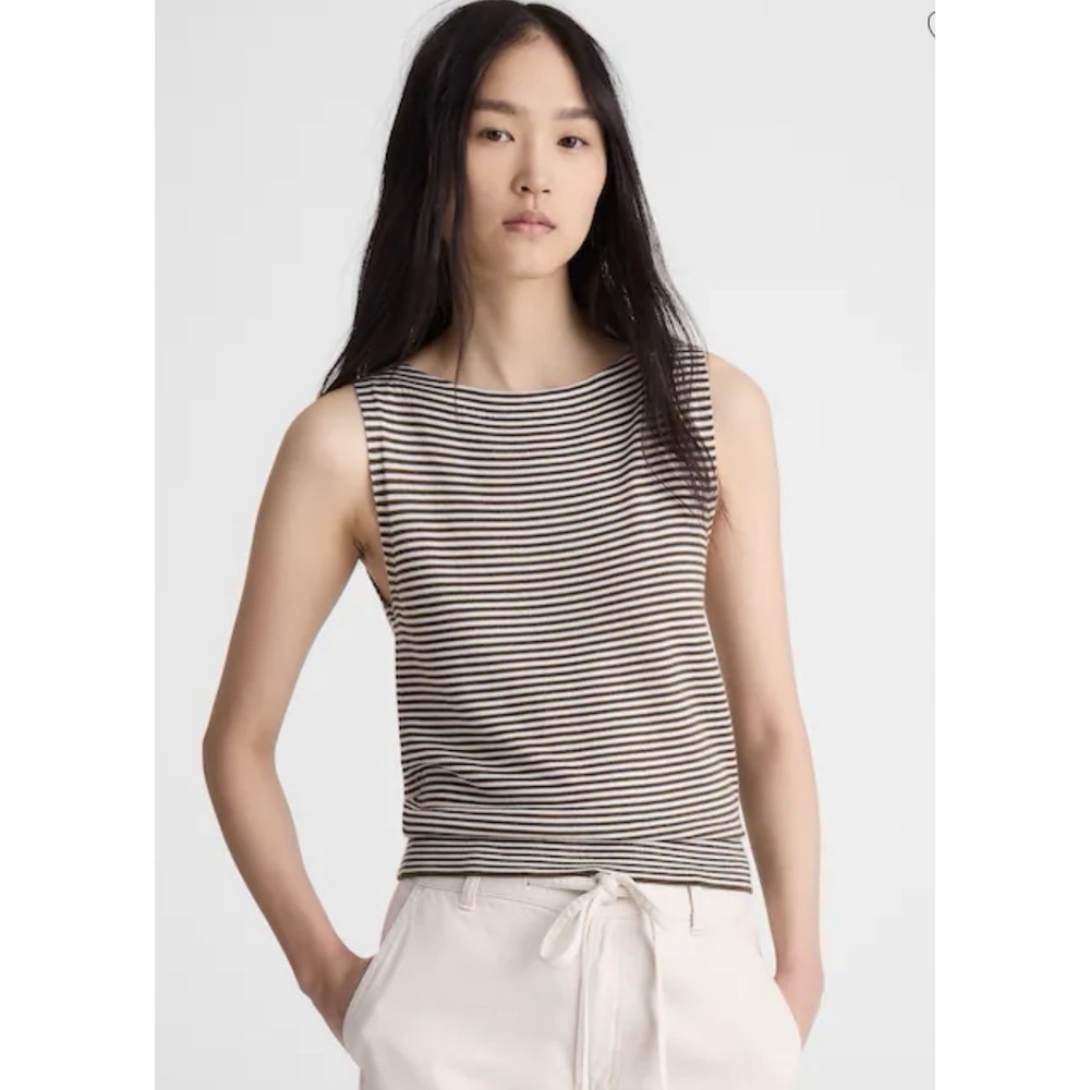 MADEWELL Boatneck Sleeveless Sweater TANK Merino Wool Silk Black Stripe Size M